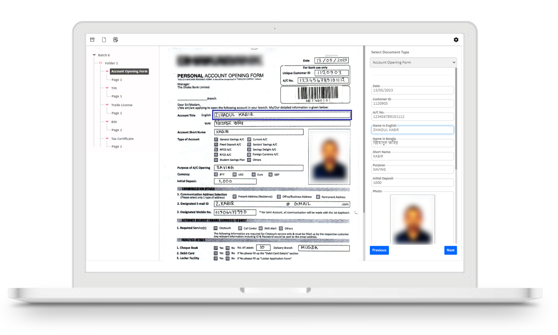 Captura index panel — account opening form beside its extracted date, customer ID, account number and name fields