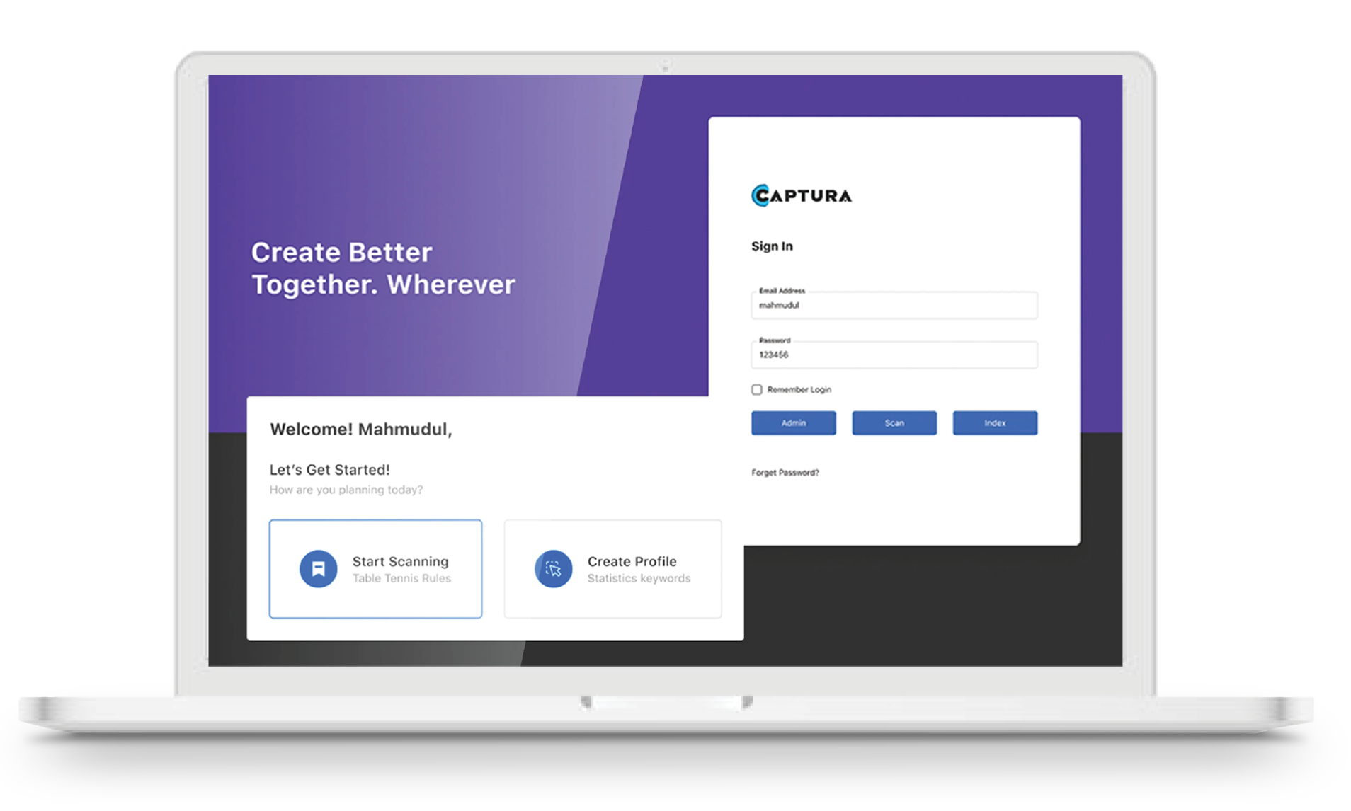 Captura — sign in with Admin, Scan and Index entry points