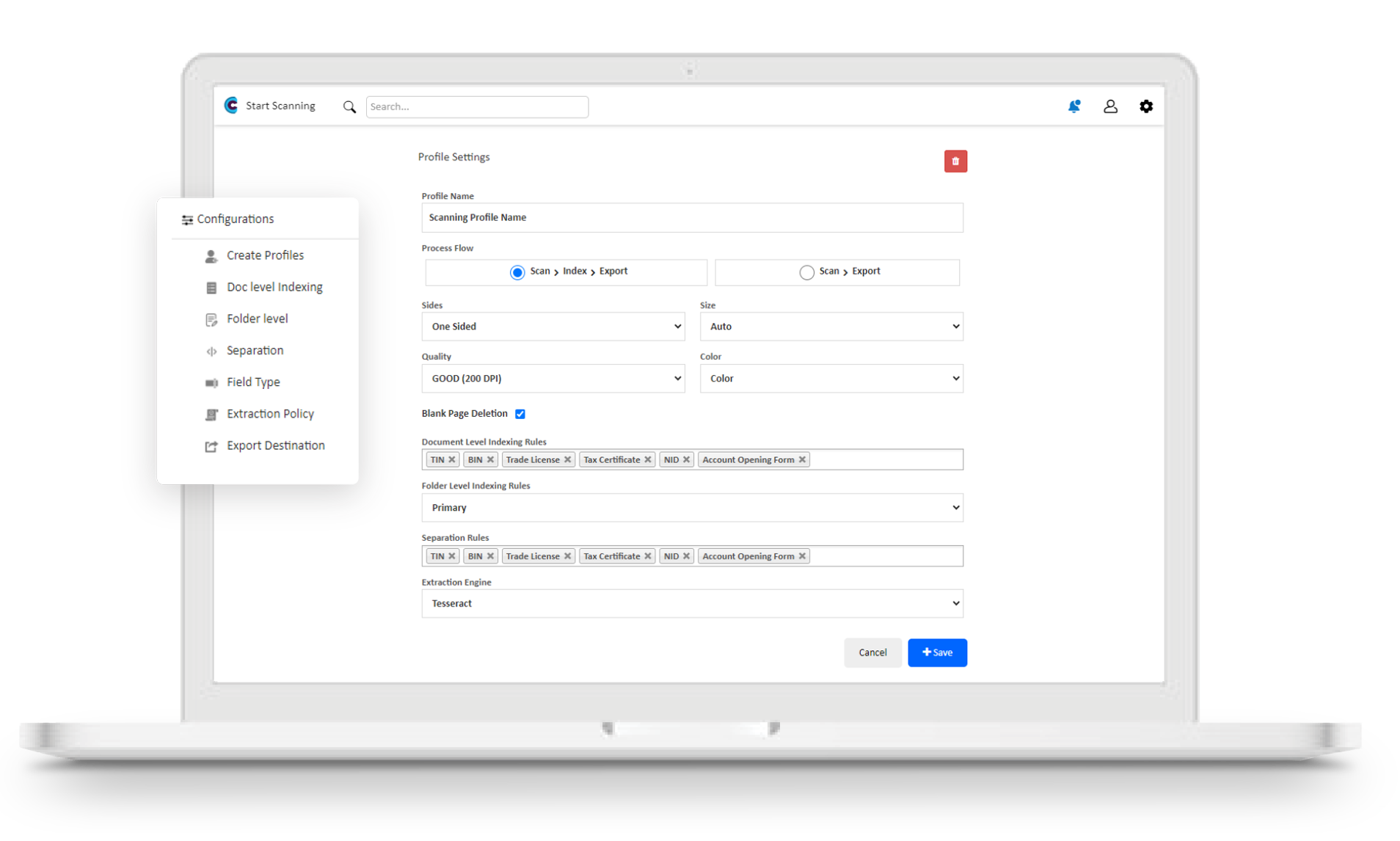 Captura — profile settings with process flow, indexing rules, separation rules and extraction engine