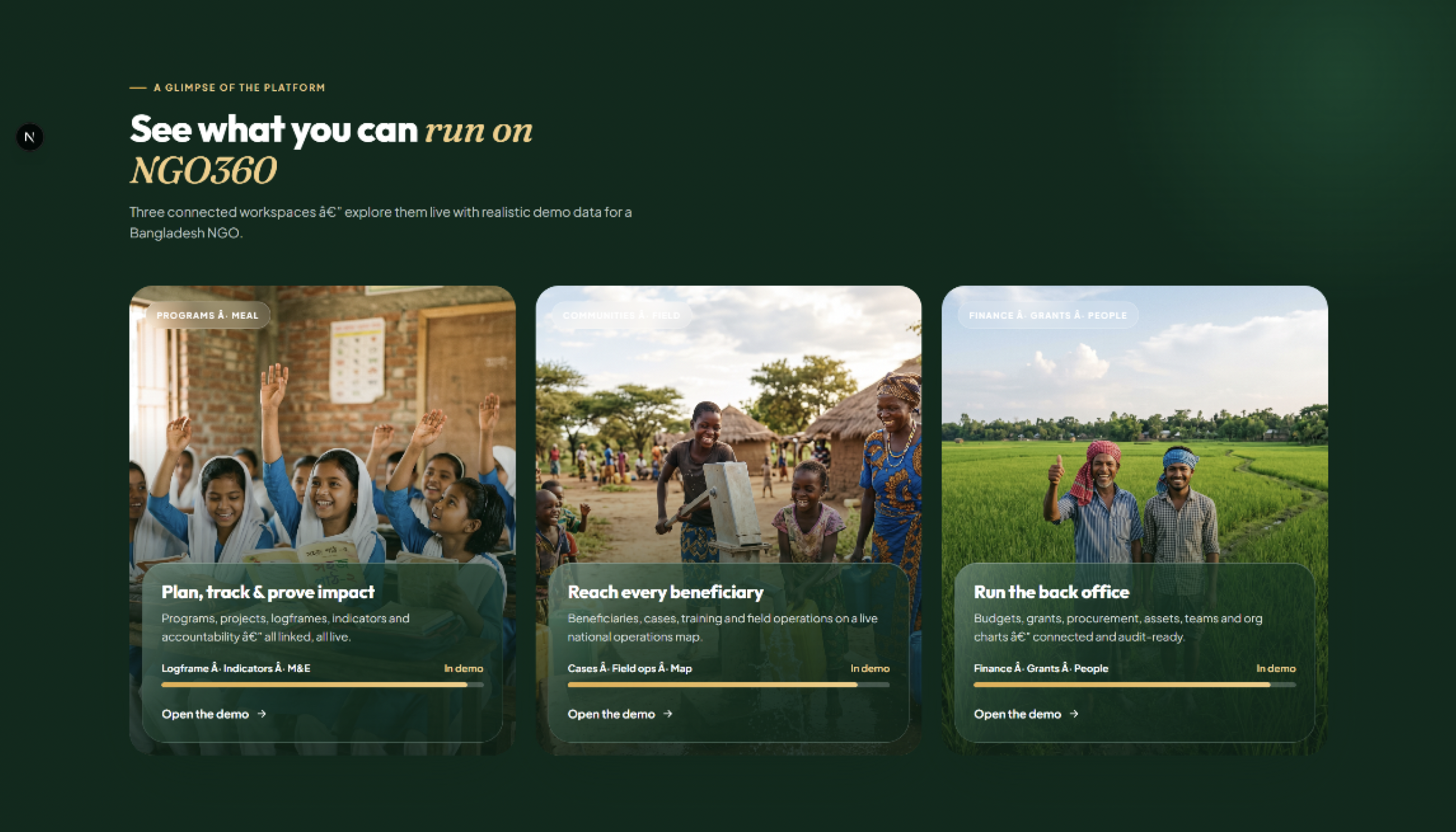 NGO360 — three connected workspaces for programs, communities and back office